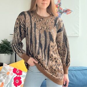 ESCADA Wool Mohair Animal Print Brown Long Sleeve Tunic Sweater DE 36 US S (6)